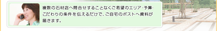 複数の石材店へ問合せすることなくご希望のエリア・予算・こだわりの条件を伝えるだけで、ご自宅のポストへ資料が届きます。